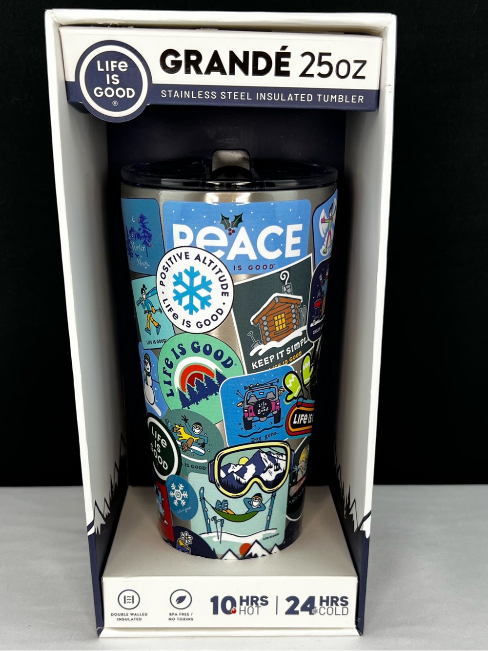 Life is Good - ‘Stickers - winter’ 25oz insulated H20 bottle. NWT. Firm!